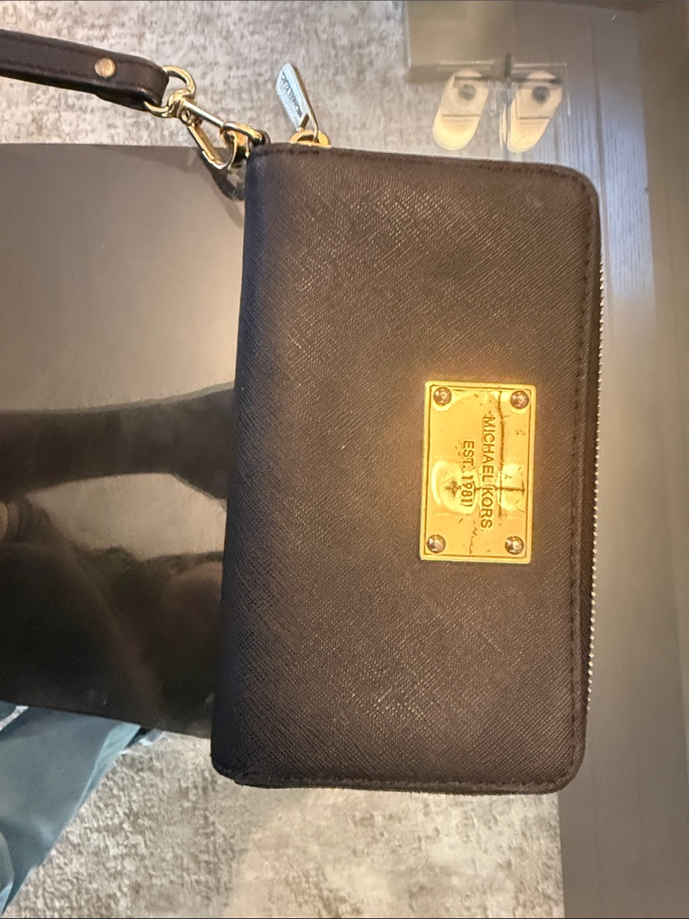 Michael Kors Black Saffiano Wristlet Wallet with Gold Plaque